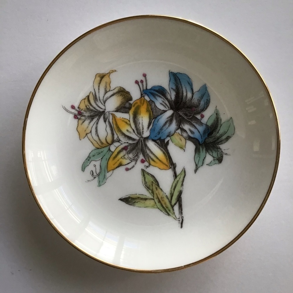 Minton English Bone China Tiger Lilly Trinket Dish Blue & Yellow Floral Vintage